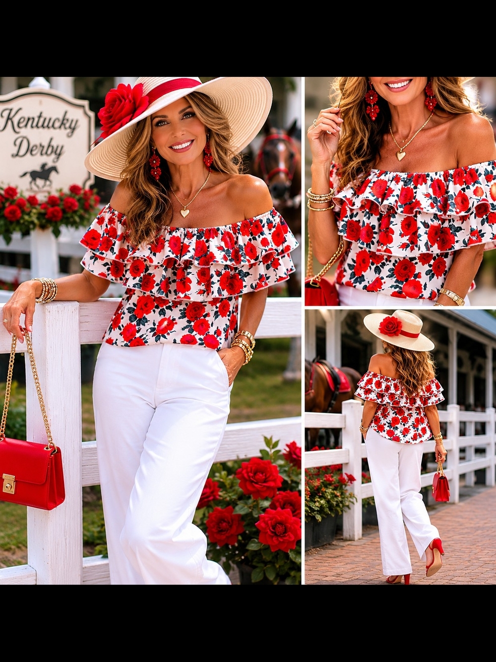 Off-Shoulder Red Rose Double  Ruffle Off Shoulder Blouse